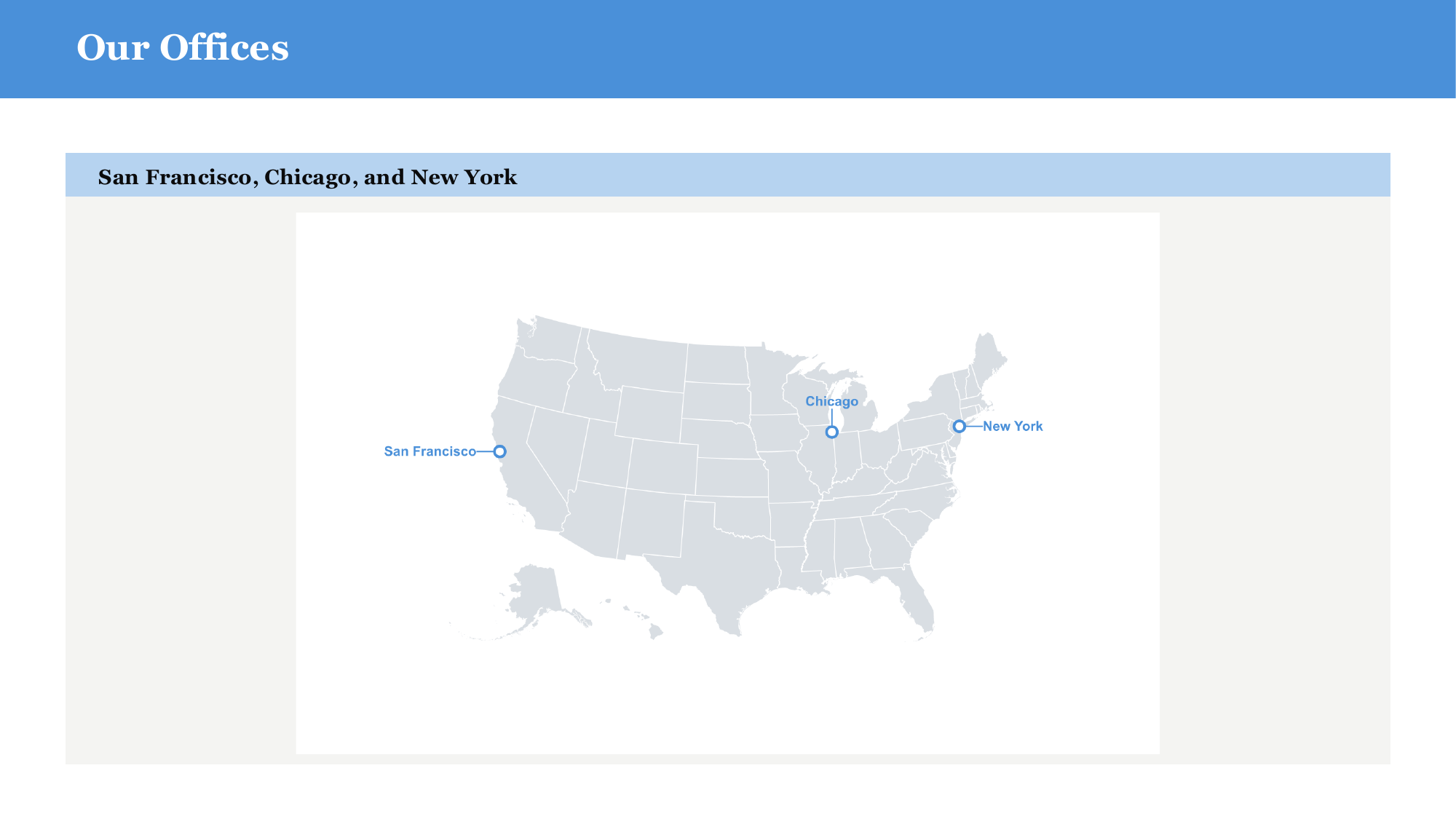 Output: a US map slide with ring pins and leader-line labels on named cities