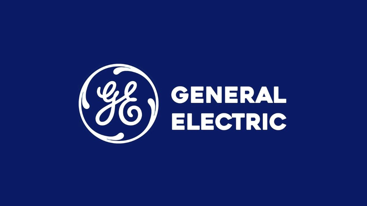 Input: the General Electric logo in white on a solid navy background